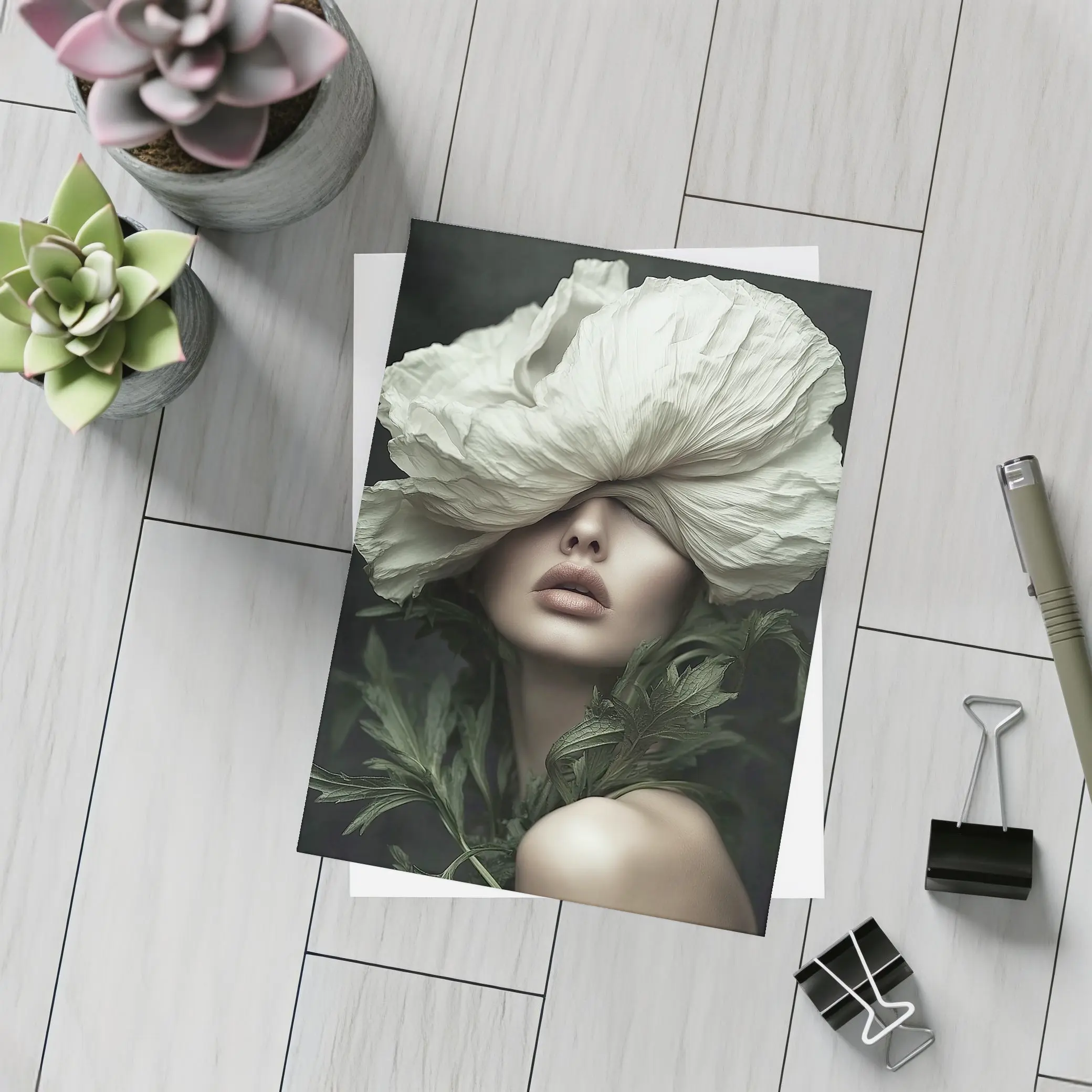 Woman White Poppy Flower Dark Background – Postcards