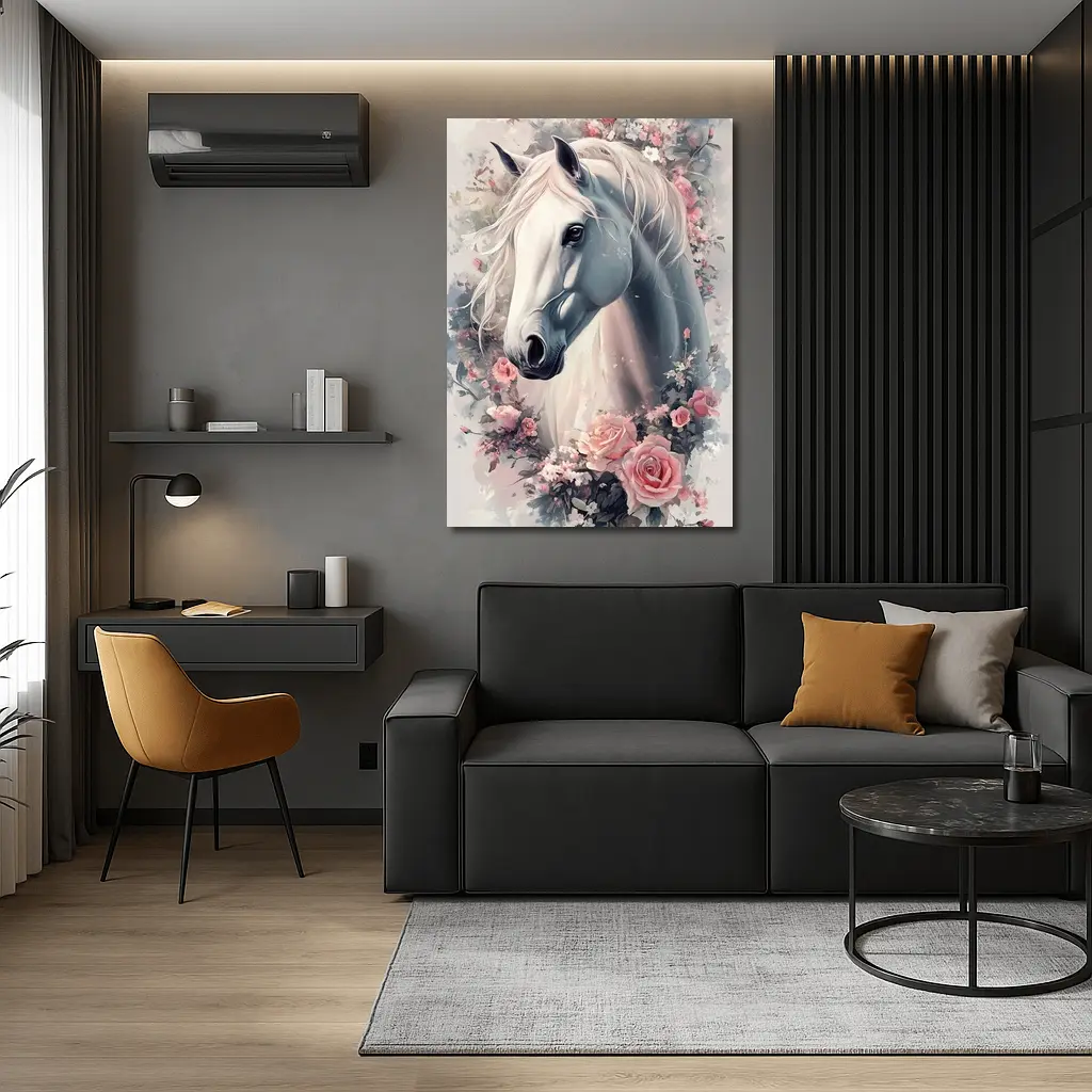 White Horse Portrait With Pink Roses Floral – Wall Art