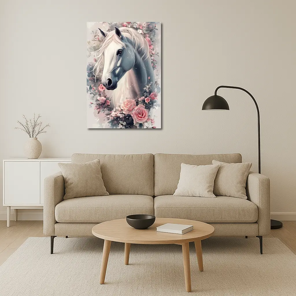 White Horse Portrait With Pink Roses Floral – Wall Art