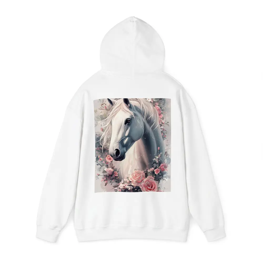 White Horse Portrait With Pink Roses Floral – Hoodies