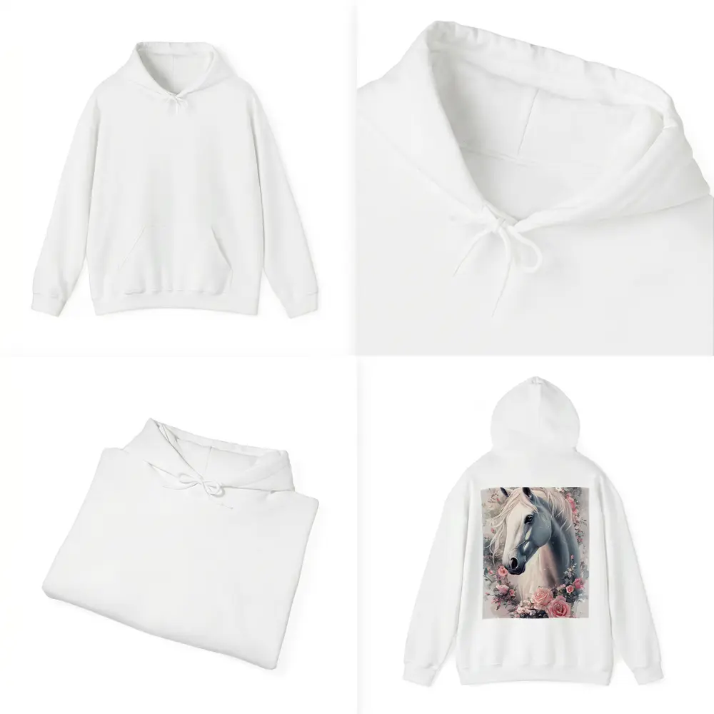 White Horse Portrait With Pink Roses Floral – Hoodies