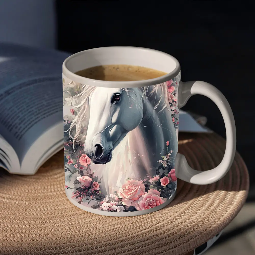 White Horse Portrait With Pink Roses Floral – Mugs