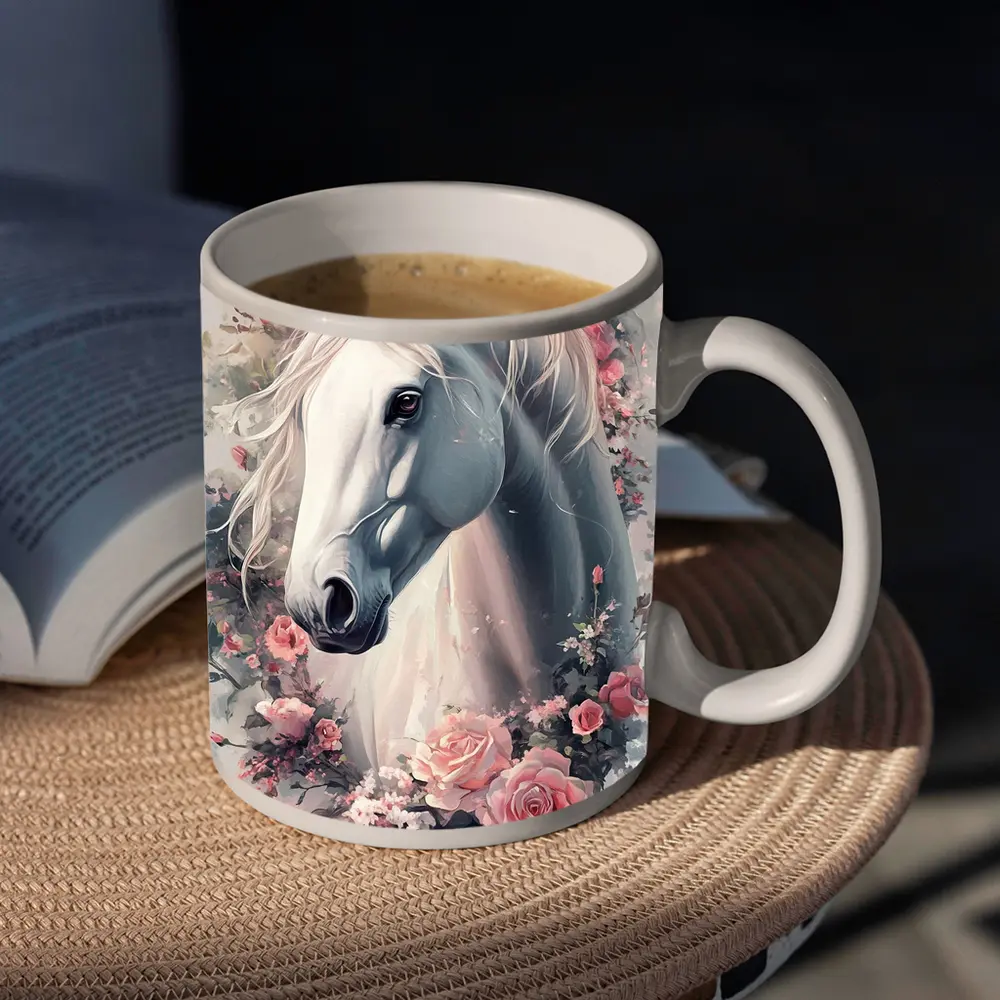 White Horse Portrait With Pink Roses Floral – Mugs