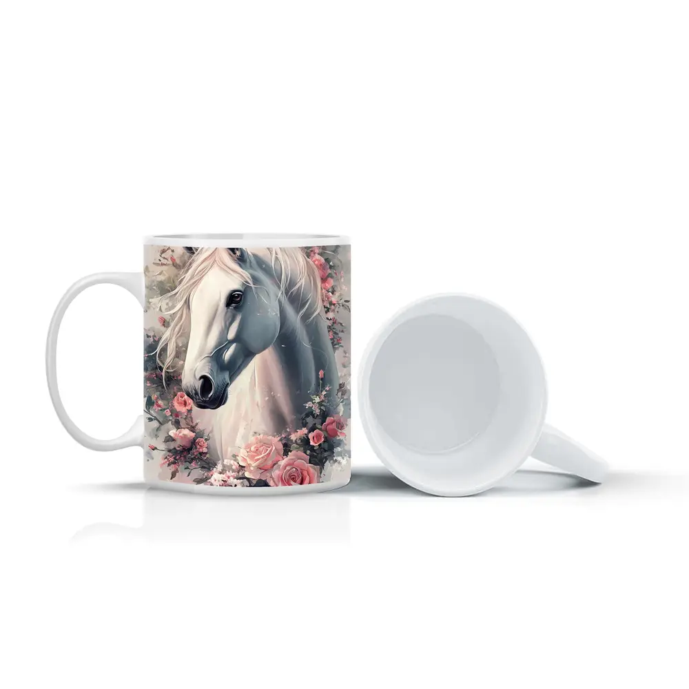White Horse Portrait With Pink Roses Floral – Mugs