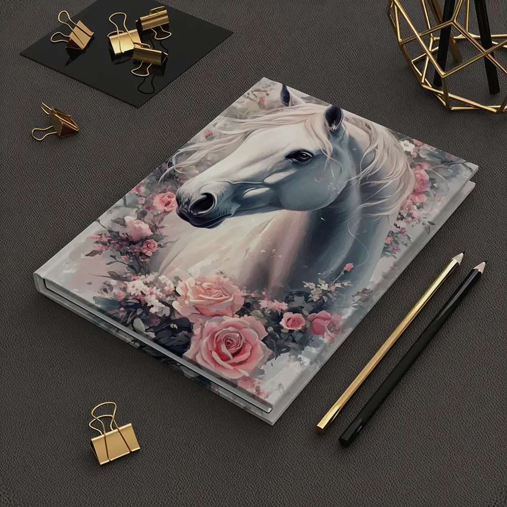 White Horse Portrait With Pink Roses Floral – Notebooks