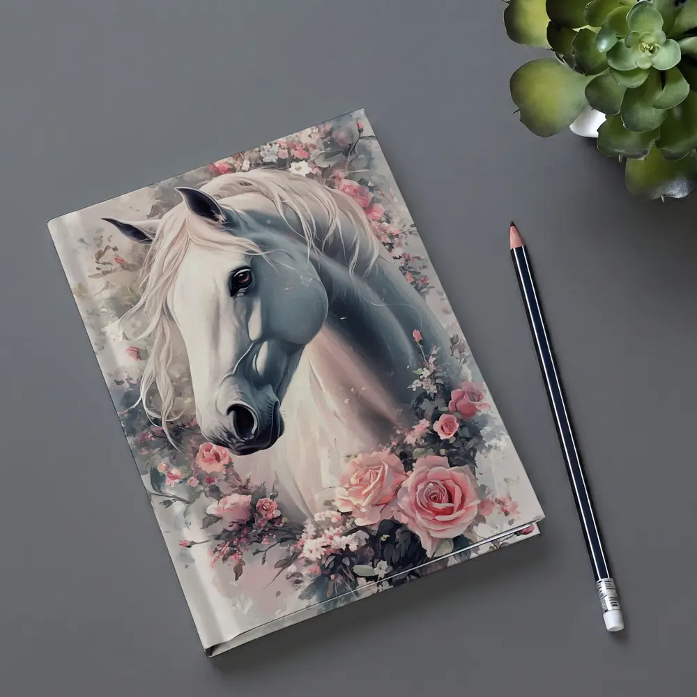 White Horse Portrait With Pink Roses Floral – Notebooks
