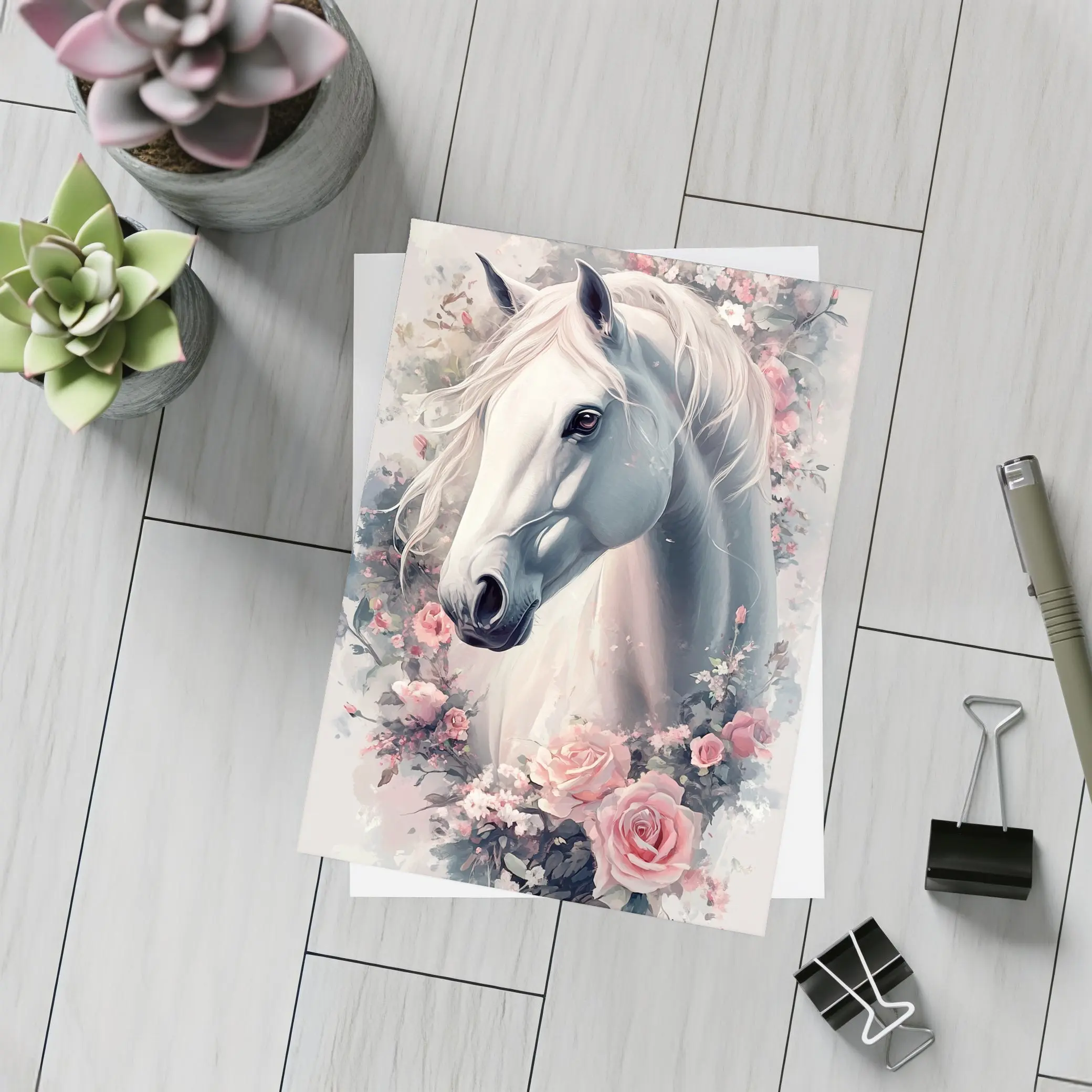 White Horse Portrait With Pink Roses Floral – Postcards