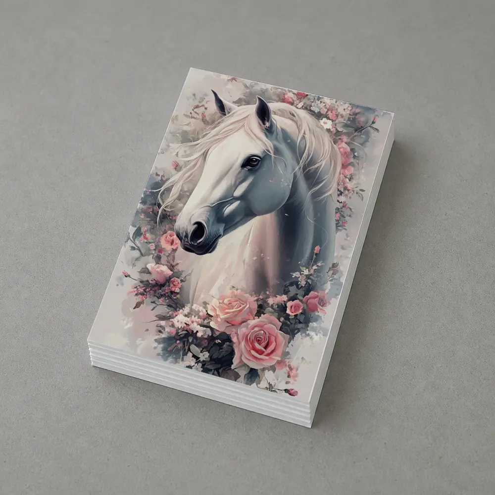 White Horse Portrait With Pink Roses Floral – Postcards