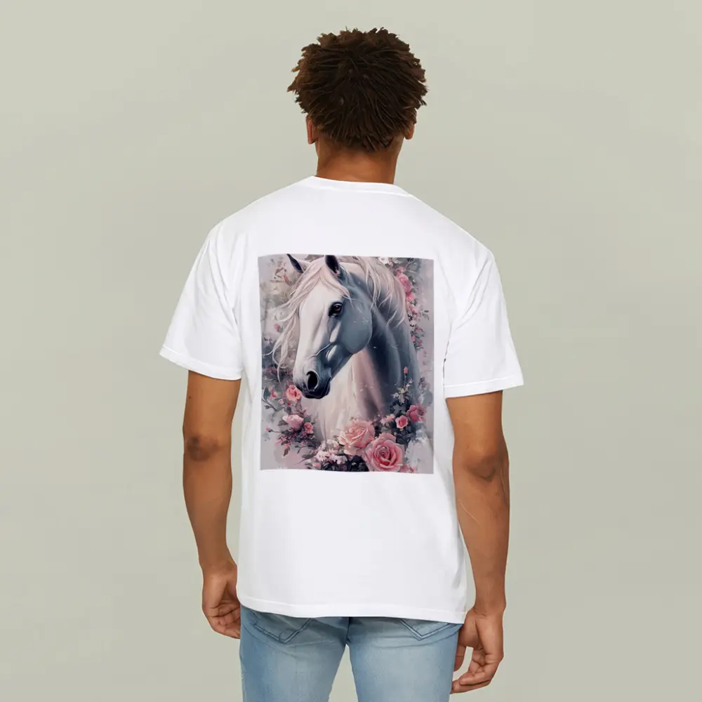 White Horse Portrait With Pink Roses Floral – T-Shirts