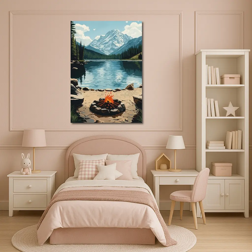 Campfire By Mountain Lake Illustration Art – Wall Art