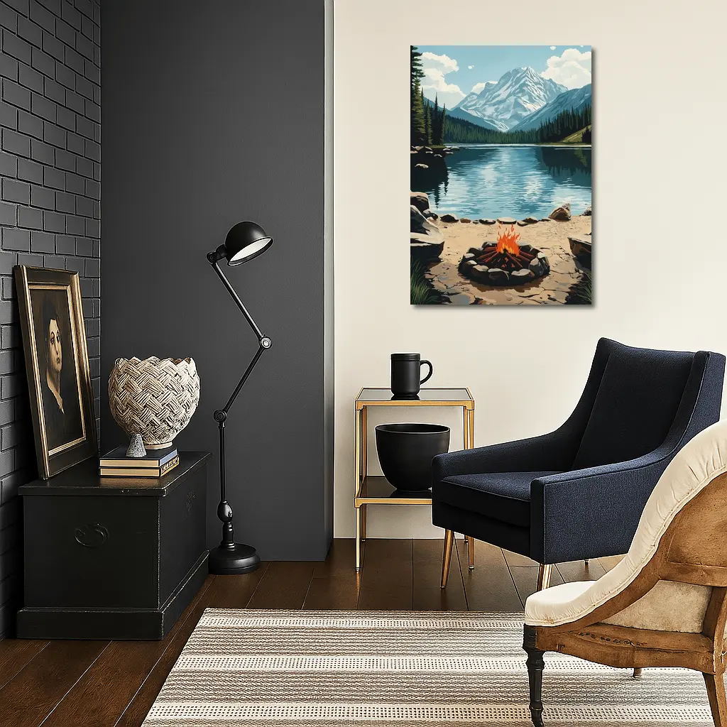 Campfire By Mountain Lake Illustration Art – Wall Art