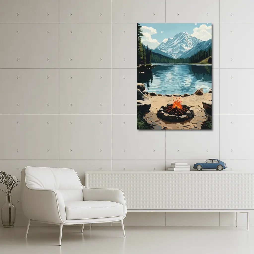 Campfire By Mountain Lake Illustration Art – Wall Art