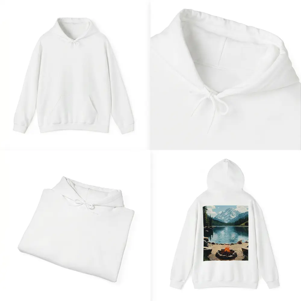 Campfire By Mountain Lake Illustration Art – Hoodies