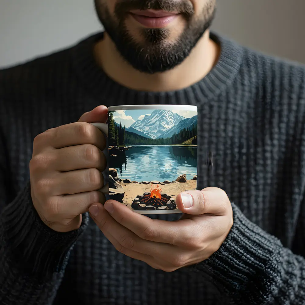 Campfire By Mountain Lake Illustration Art – Mugs