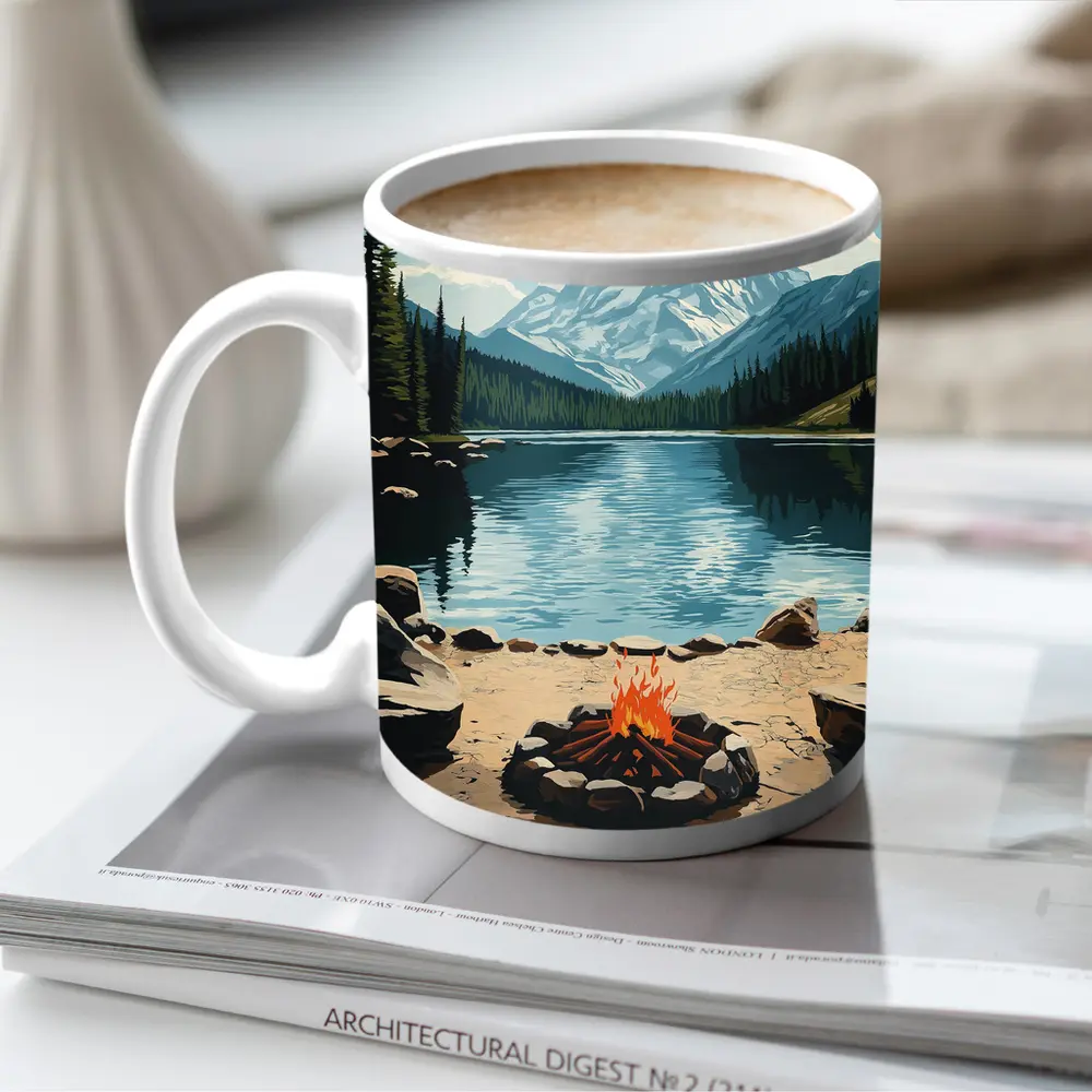 Campfire By Mountain Lake Illustration Art – Mugs