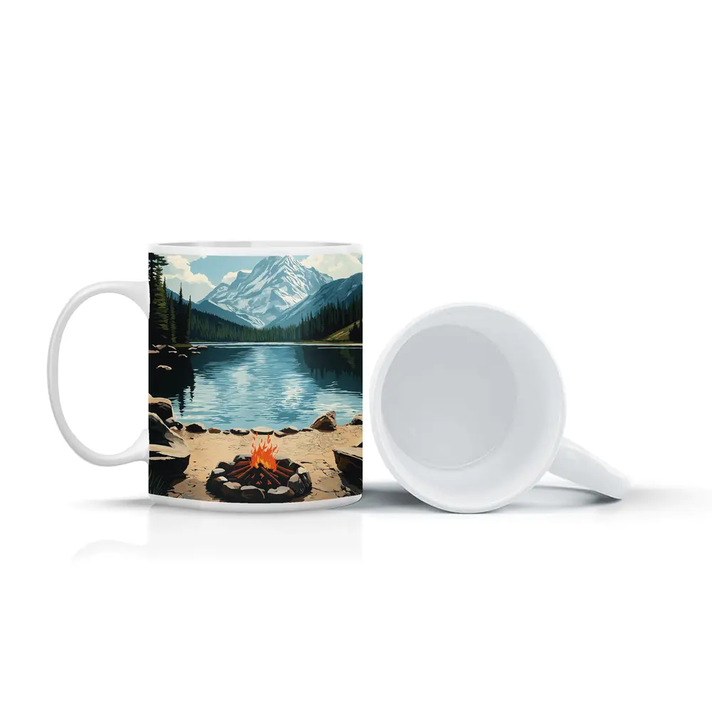 Campfire By Mountain Lake Illustration Art – Mugs