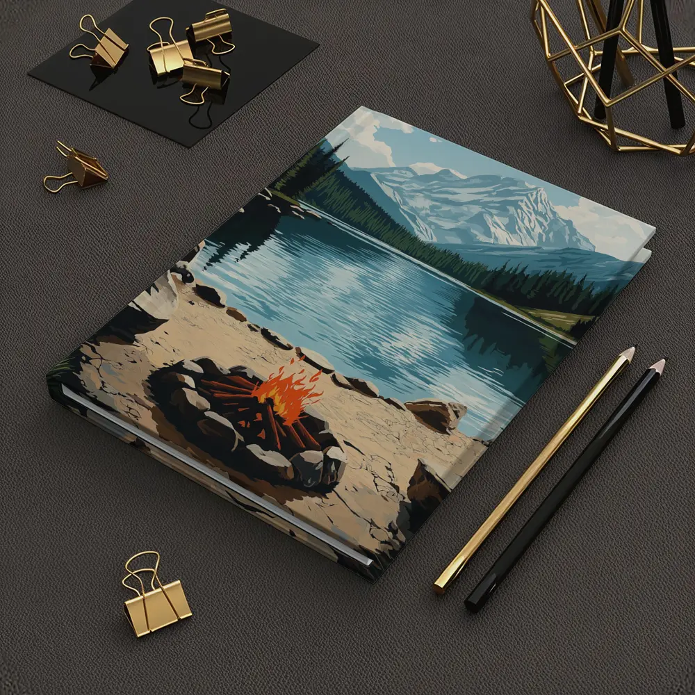 Campfire By Mountain Lake Illustration Art – Notebooks