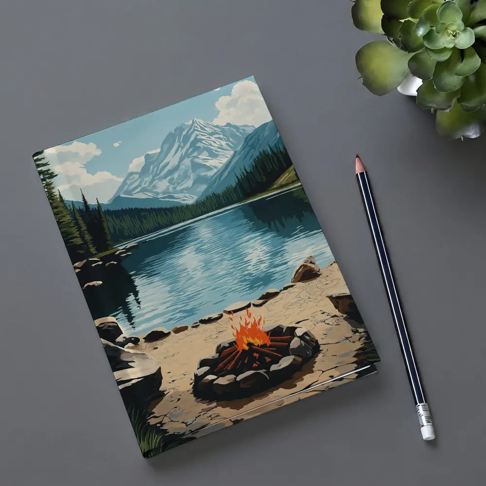 Campfire By Mountain Lake Illustration Art – Notebooks