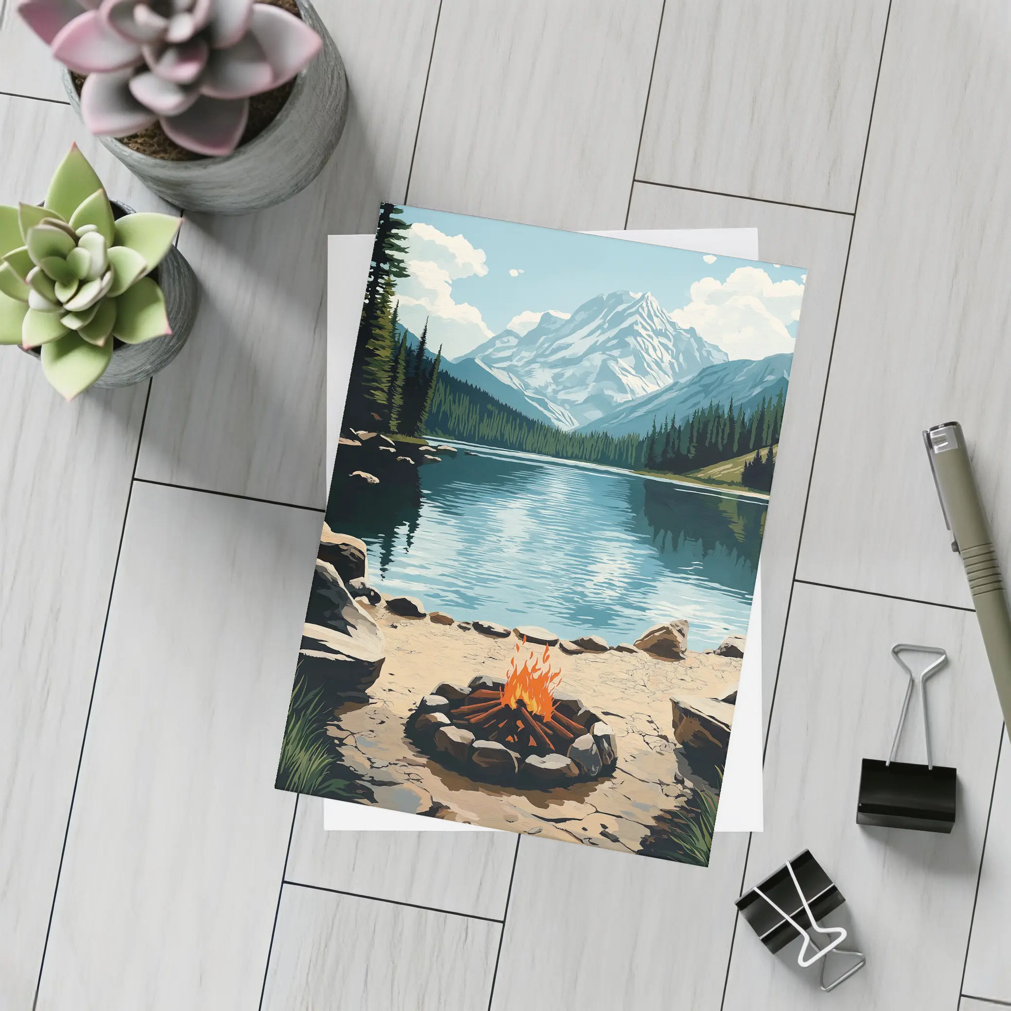 Campfire By Mountain Lake Illustration Art – Postcards