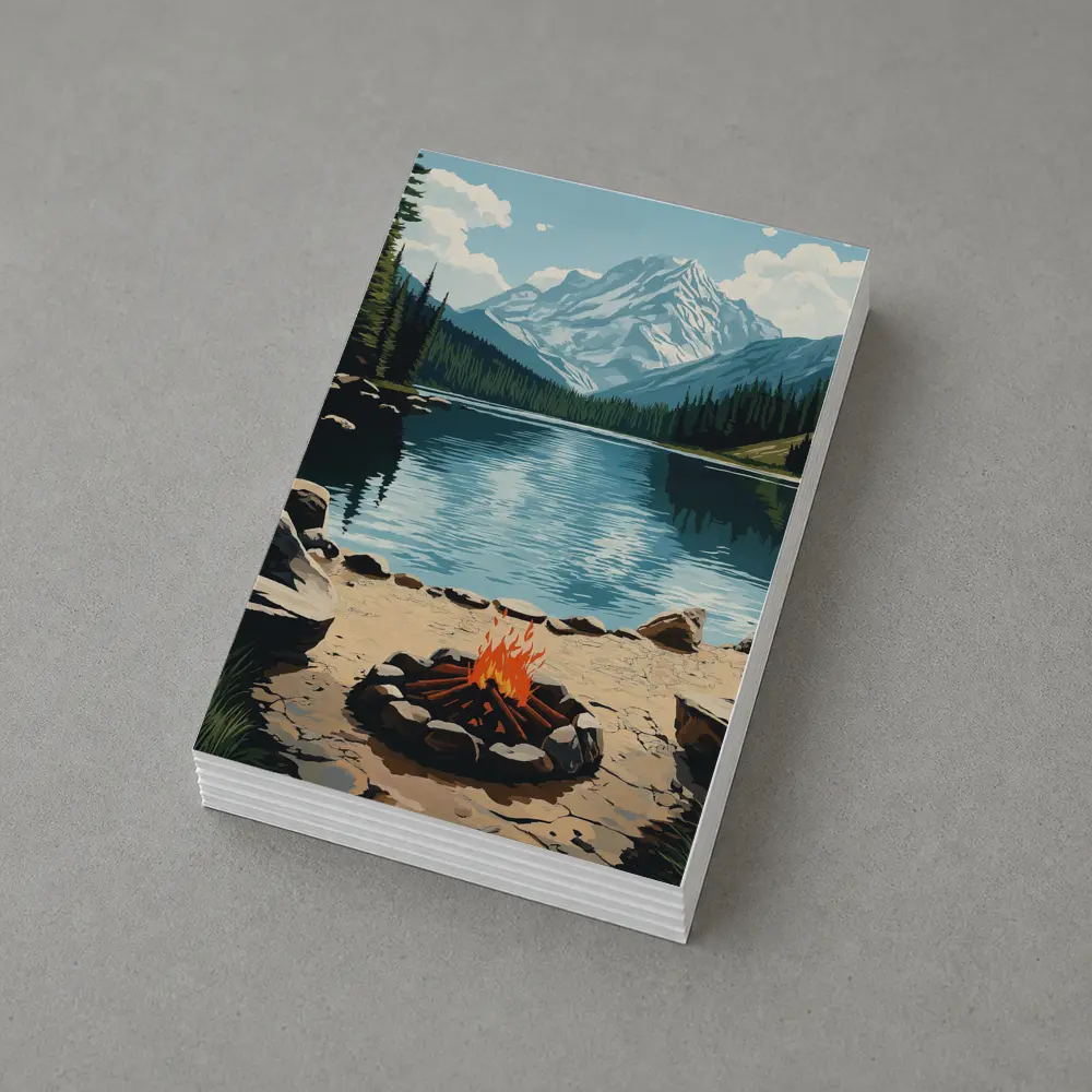 Campfire By Mountain Lake Illustration Art – Postcards