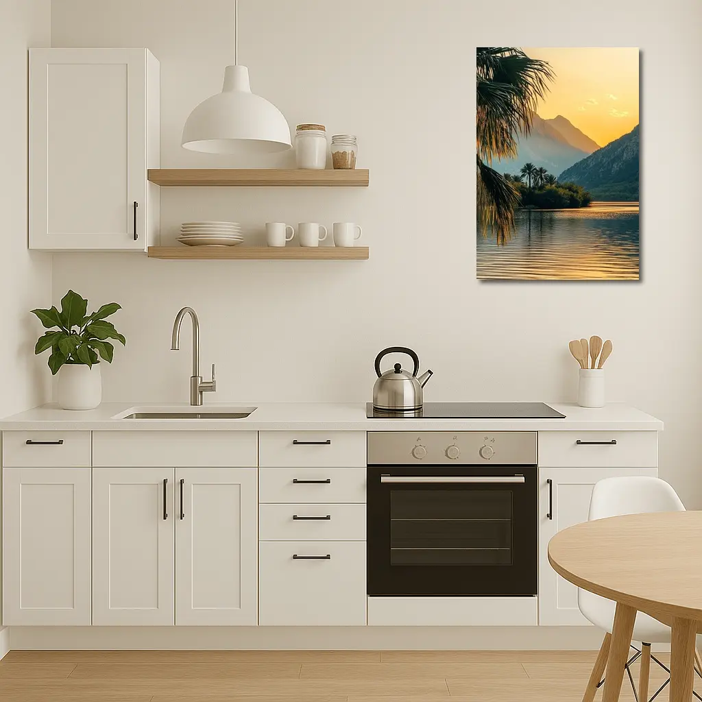 Golden Sunset Lake Palm Trees Mountain – Wall Art