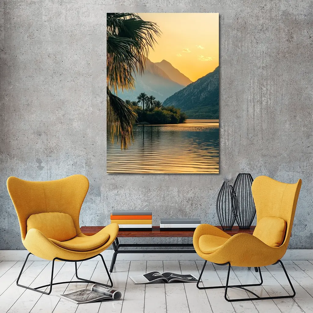 Golden Sunset Lake Palm Trees Mountain – Wall Art