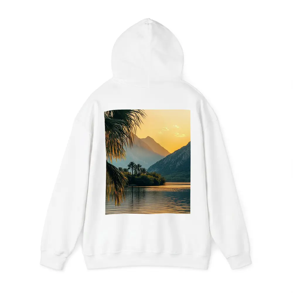 Golden Sunset Lake Palm Trees Mountain – Hoodies