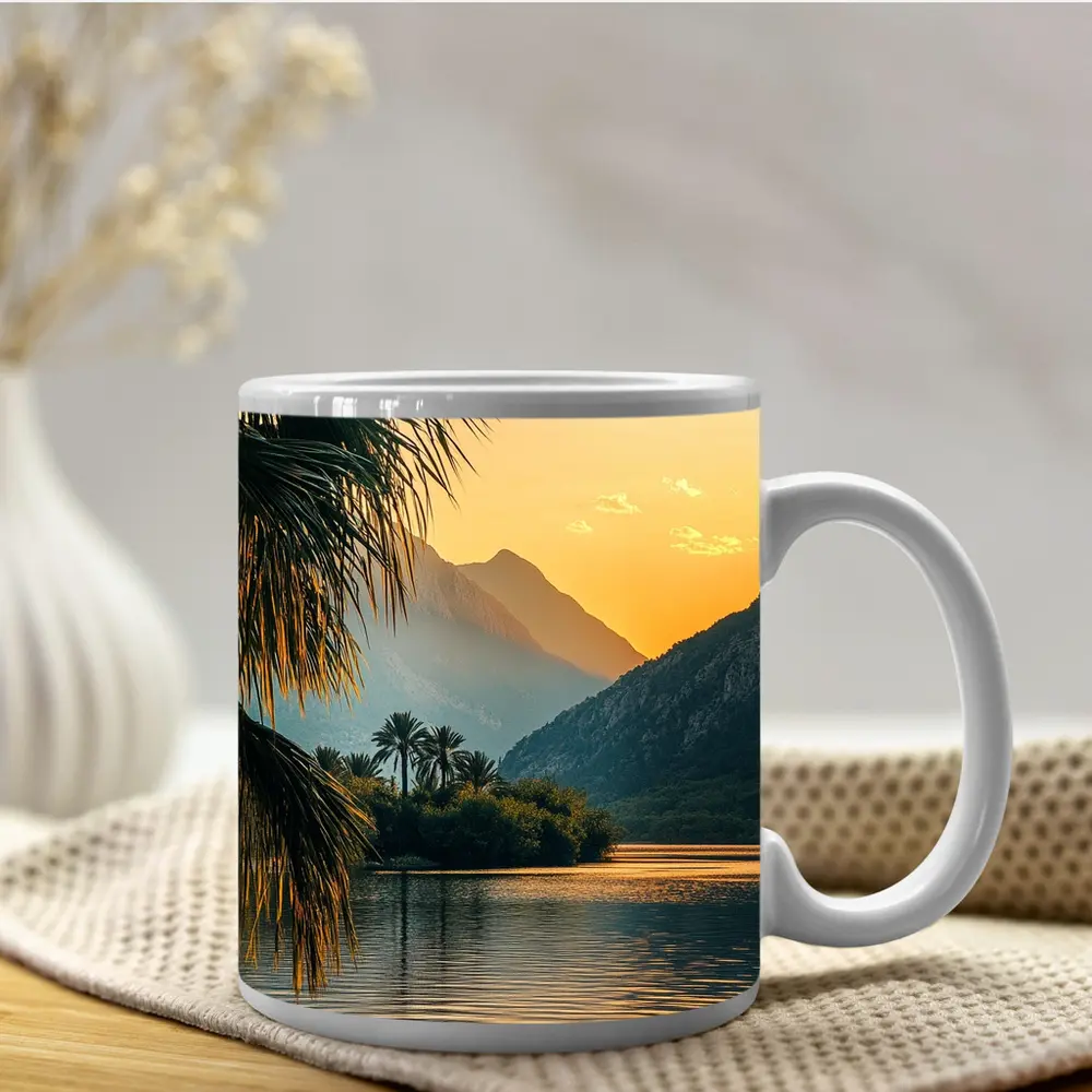 Golden Sunset Lake Palm Trees Mountain – Mugs