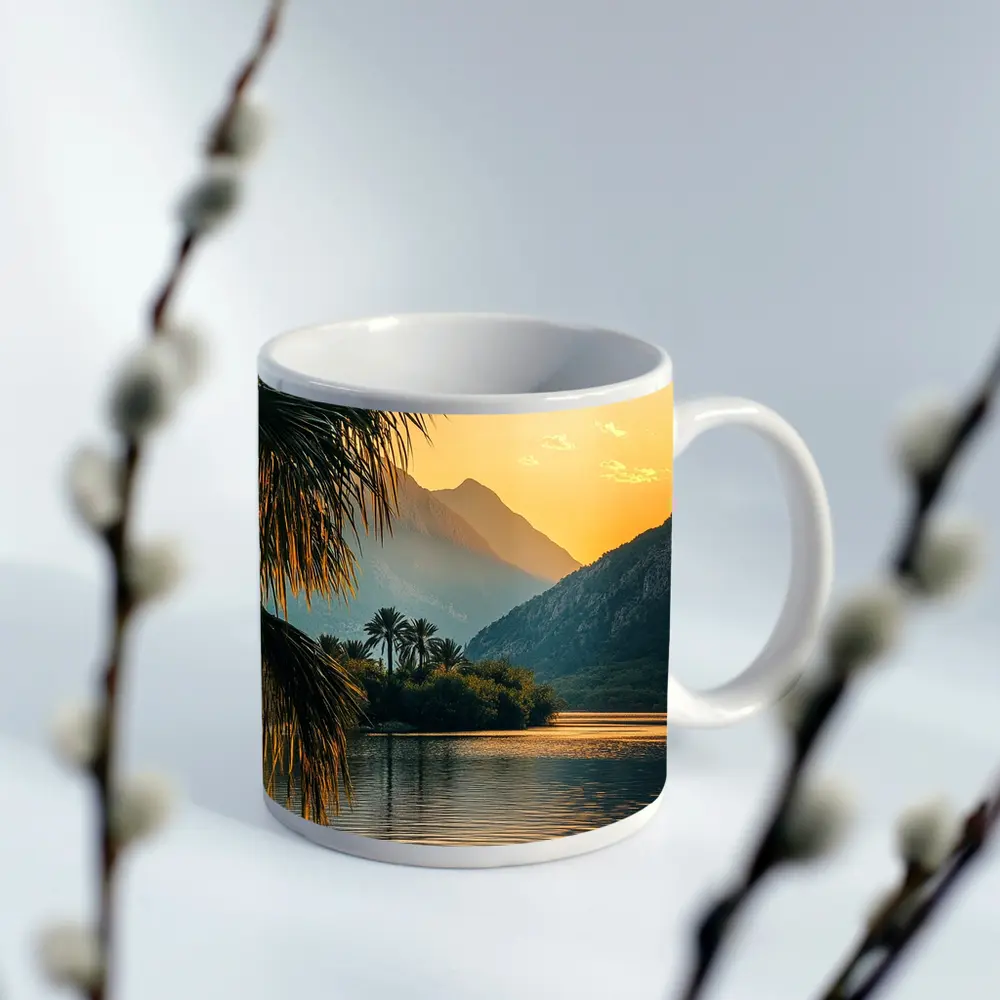 Golden Sunset Lake Palm Trees Mountain – Mugs