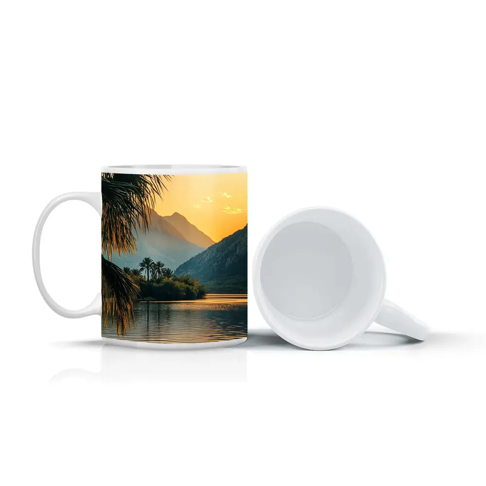 Golden Sunset Lake Palm Trees Mountain – Mugs
