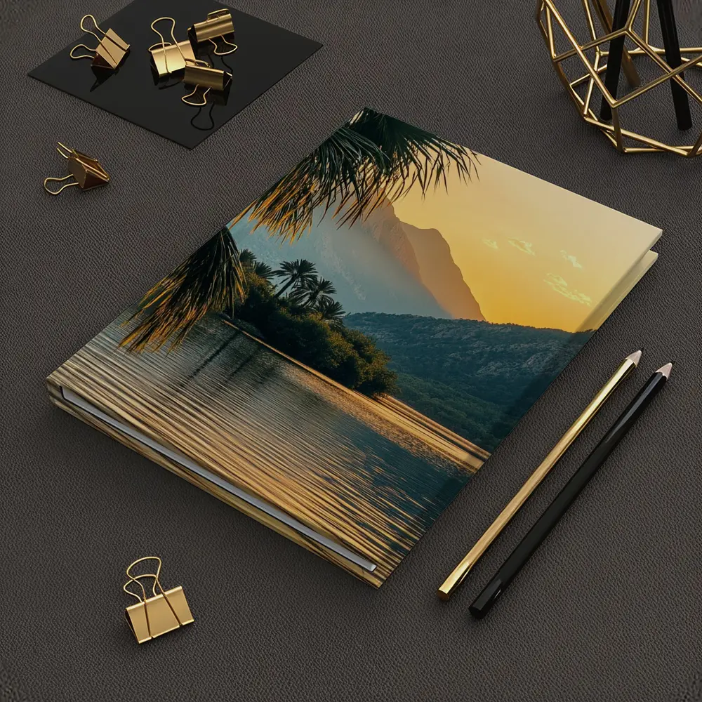 Golden Sunset Lake Palm Trees Mountain – Notebooks