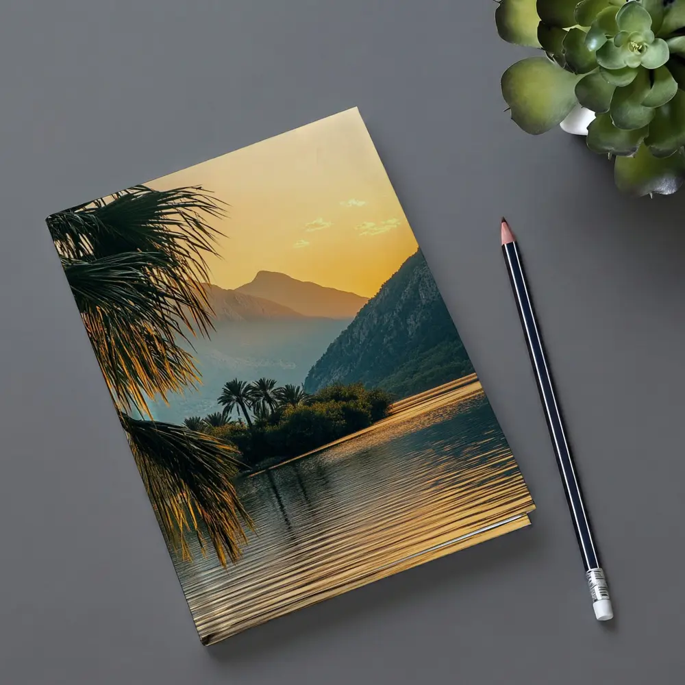 Golden Sunset Lake Palm Trees Mountain – Notebooks