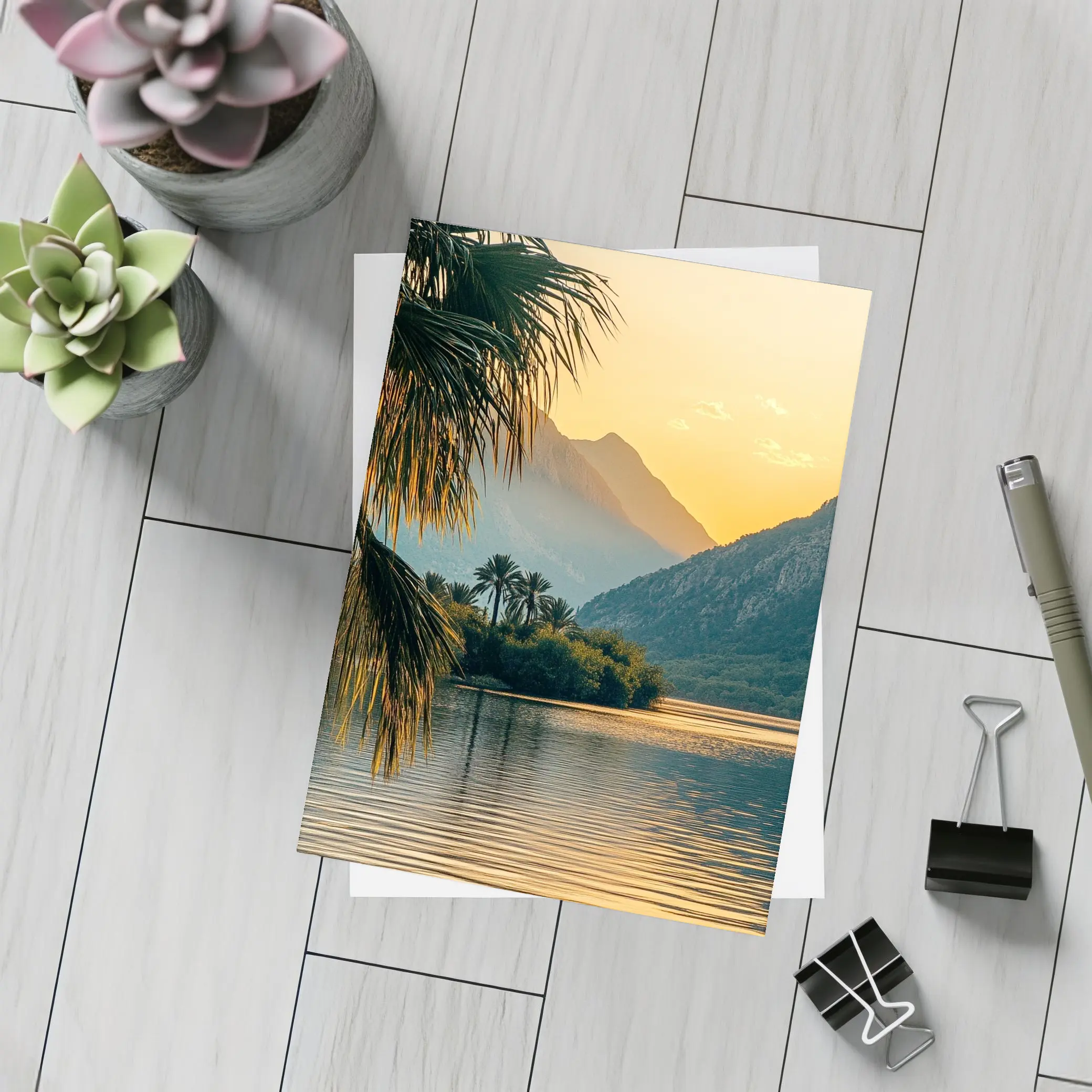 Golden Sunset Lake Palm Trees Mountain – Postcards