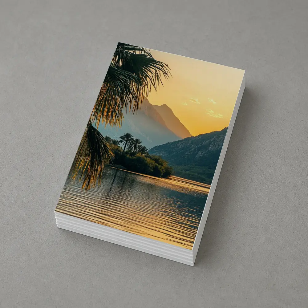 Golden Sunset Lake Palm Trees Mountain – Postcards