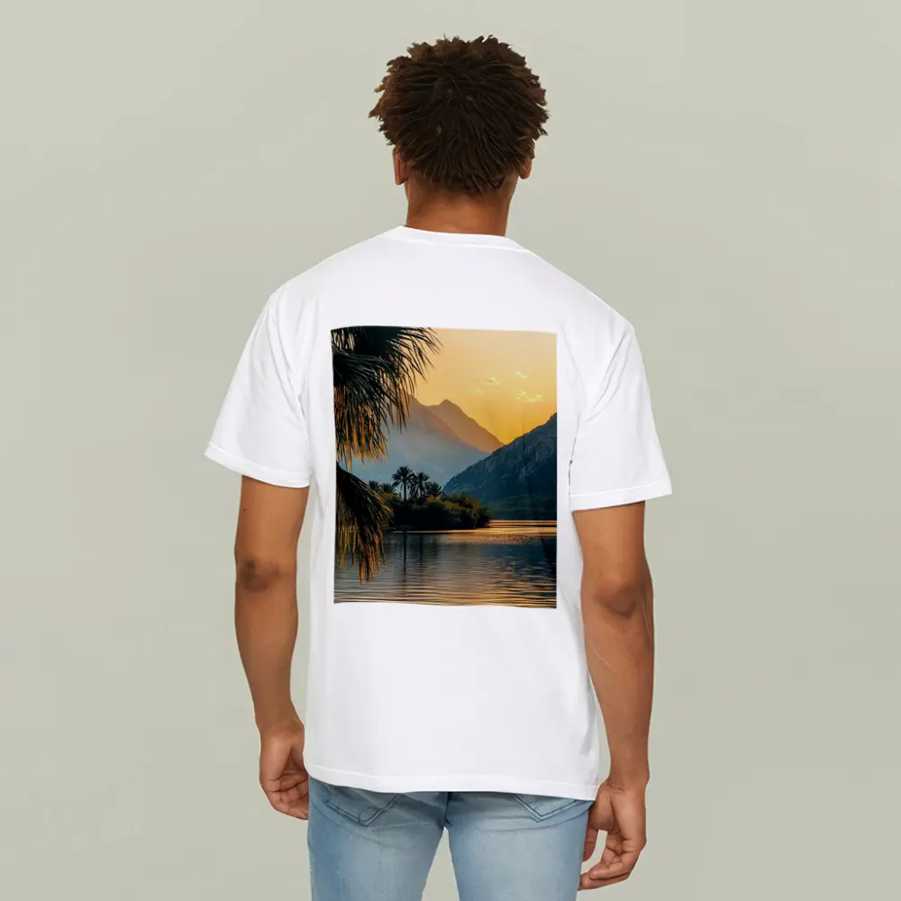 Golden Sunset Lake Palm Trees Mountain – T-Shirts