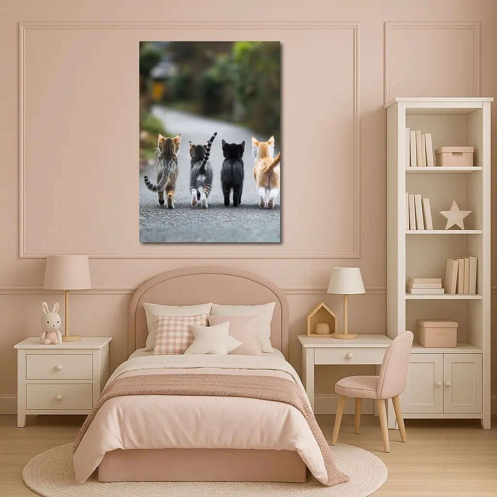 Four Kittens Walking Down Street Together – Wall Art