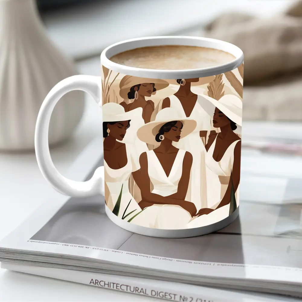 Black Women White Dresses Botanical Minimalist Art – Mugs
