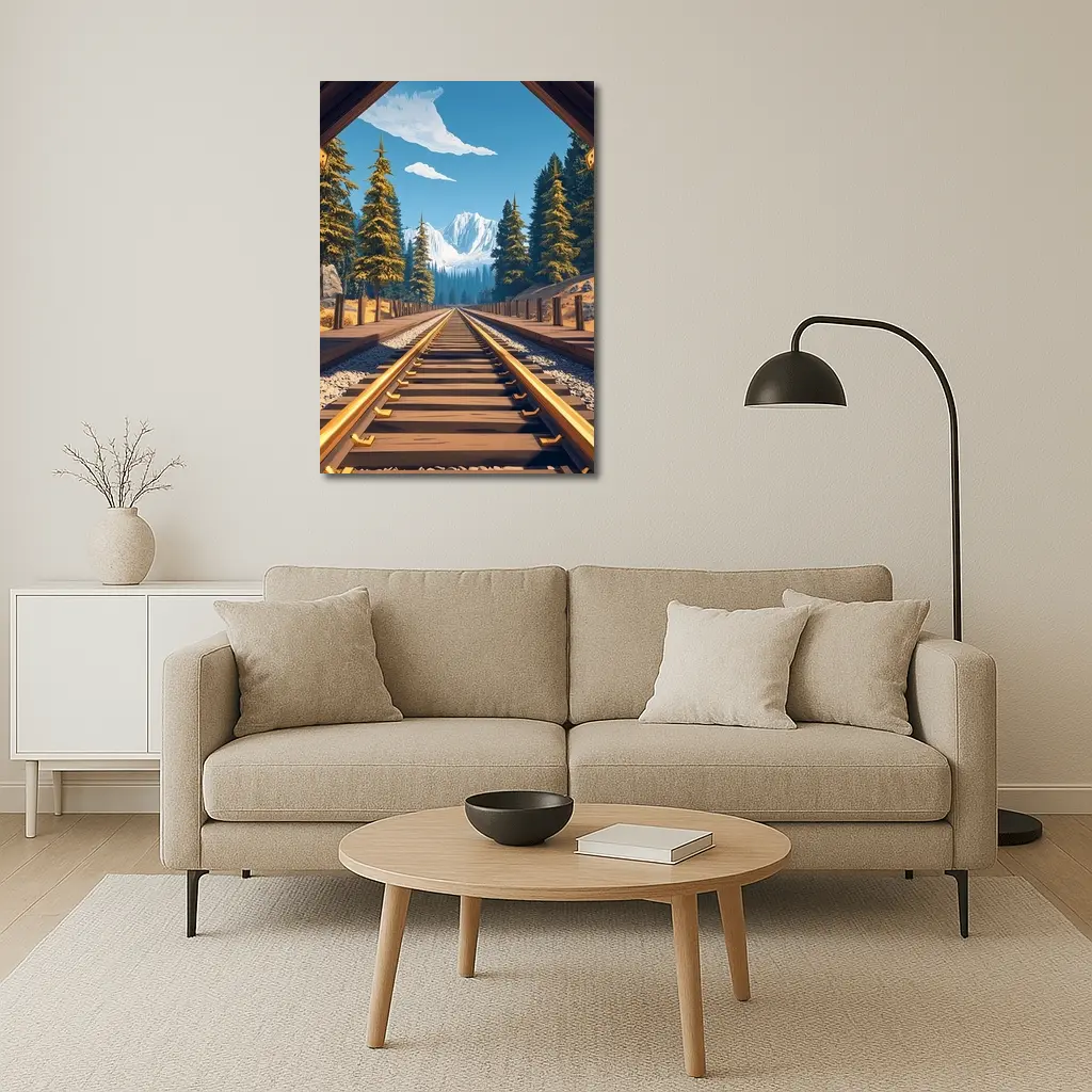 Railroad Tracks Through Mountain Pine Forest – Wall Art
