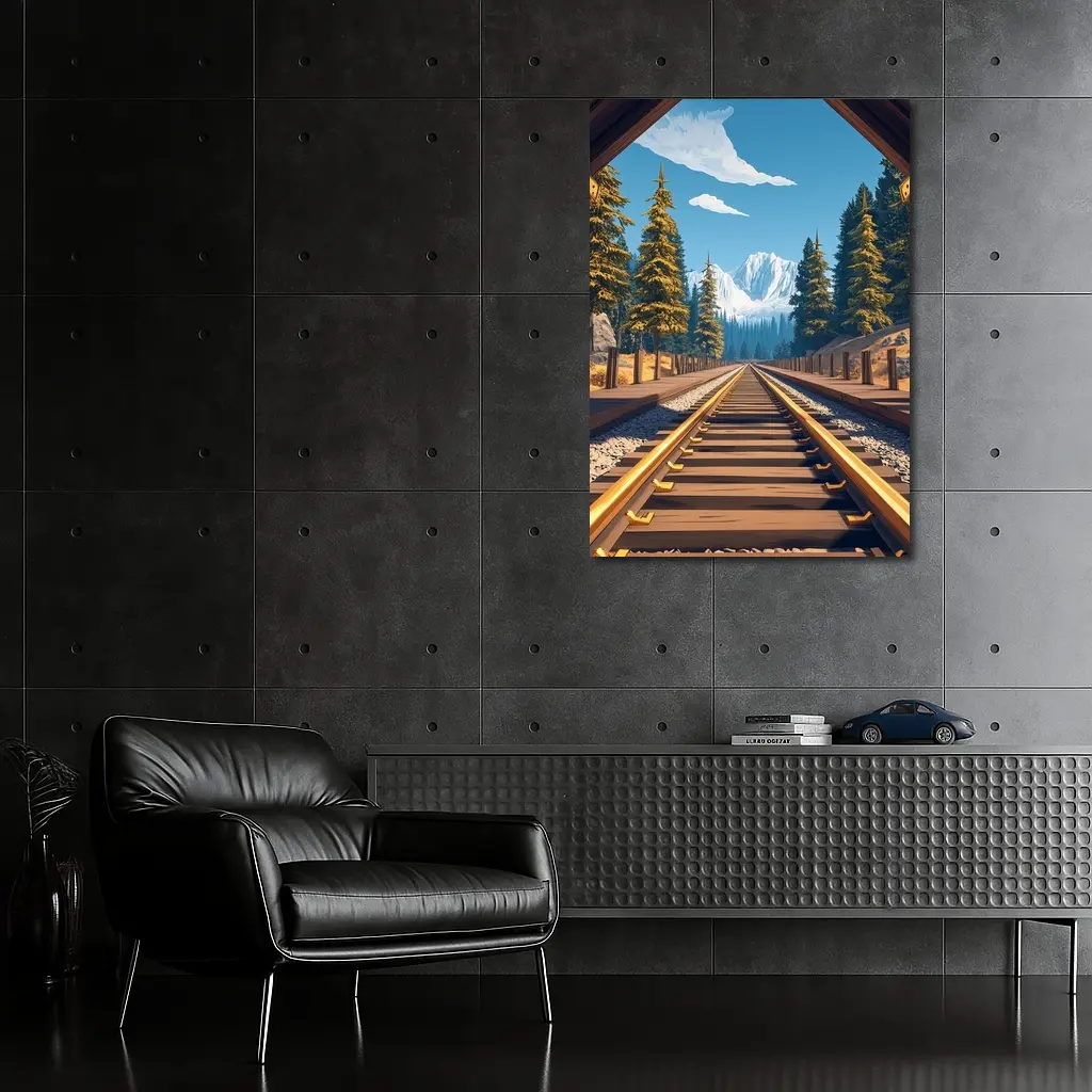 Railroad Tracks Through Mountain Pine Forest – Wall Art