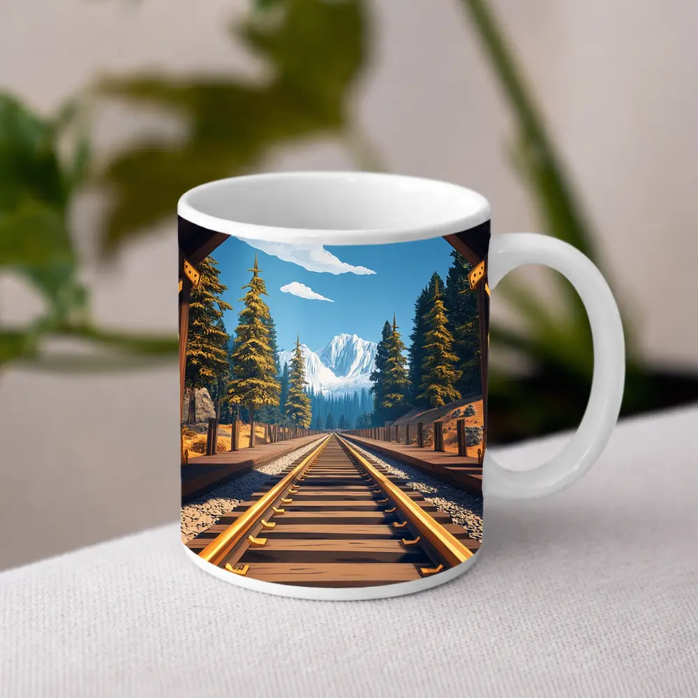 Railroad Tracks Through Mountain Pine Forest – Mugs