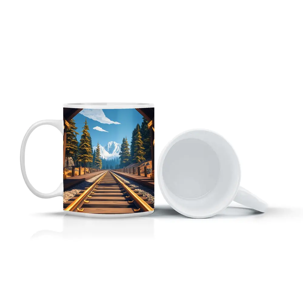 Railroad Tracks Through Mountain Pine Forest – Mugs