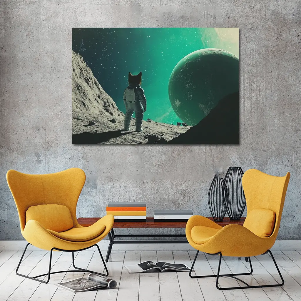 Cat Astronaut Standing On Alien Moon Planet – Wall Art