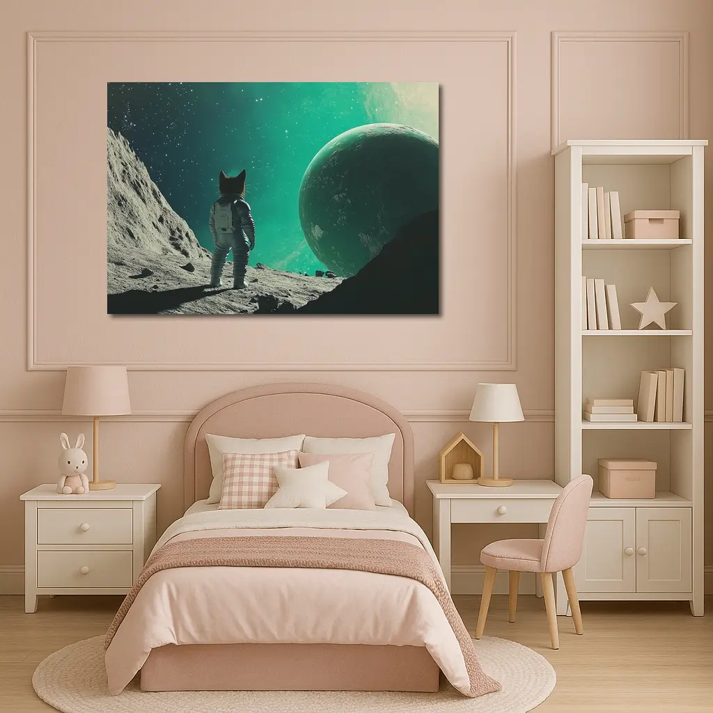 Cat Astronaut Standing On Alien Moon Planet – Wall Art