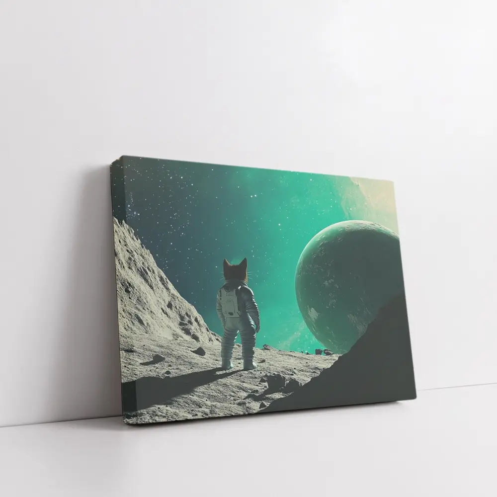 Cat Astronaut Standing On Alien Moon Planet – Wall Art