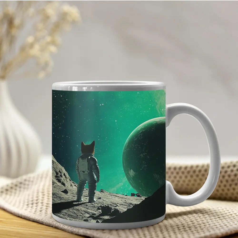 Cat Astronaut Standing On Alien Moon Planet – Mugs