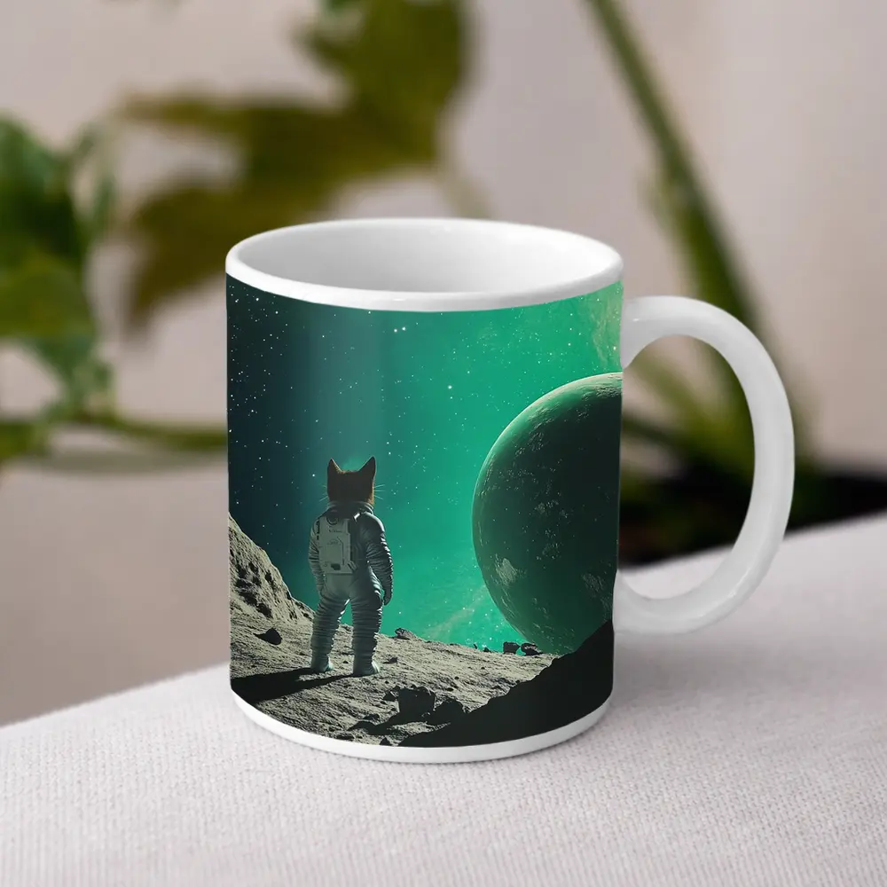 Cat Astronaut Standing On Alien Moon Planet – Mugs