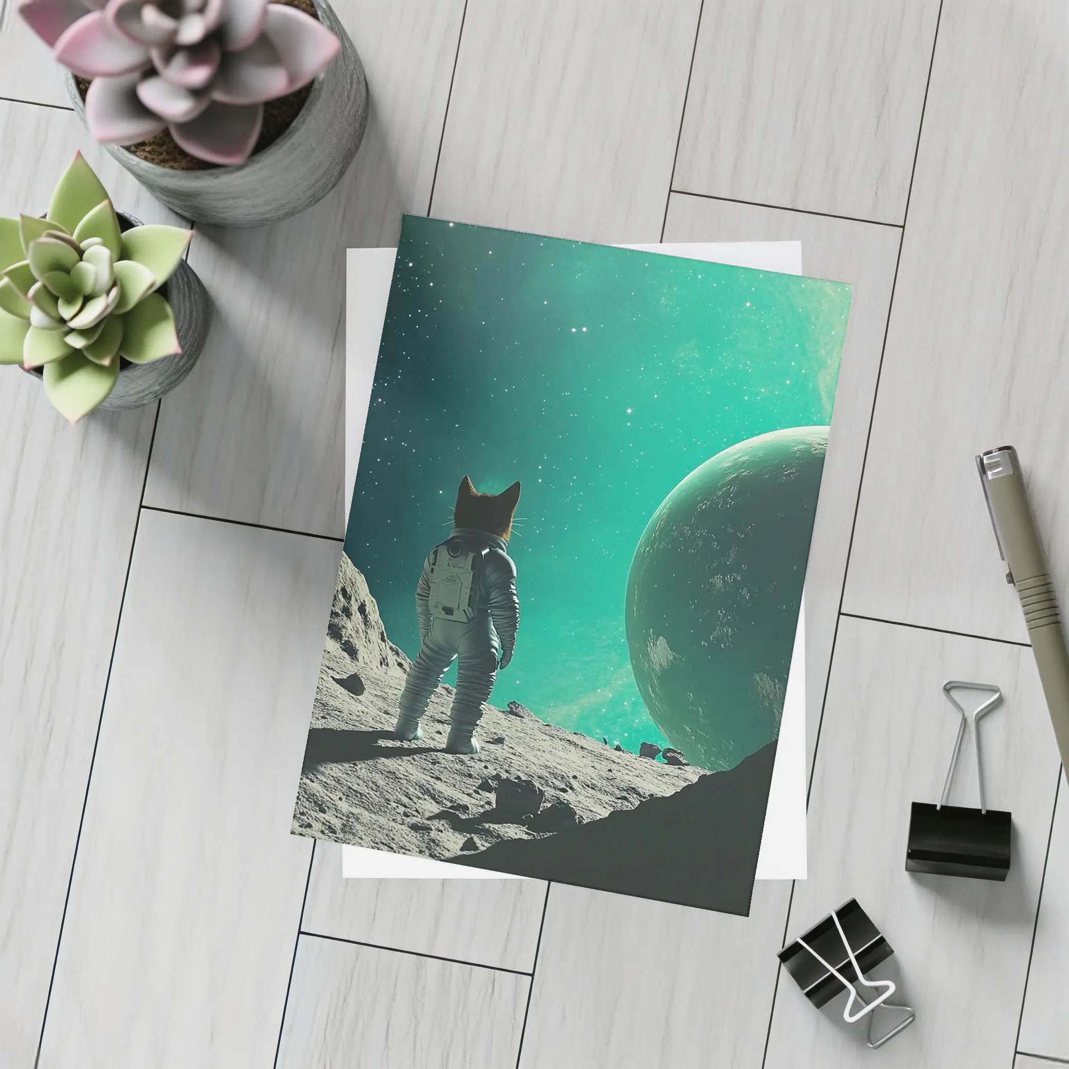 Cat Astronaut Standing On Alien Moon Planet – Postcards