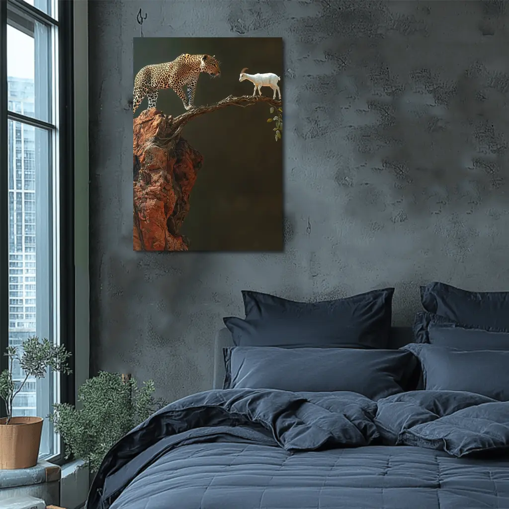 Leopard And Goat Facing On Rocky Branch – Wall Art