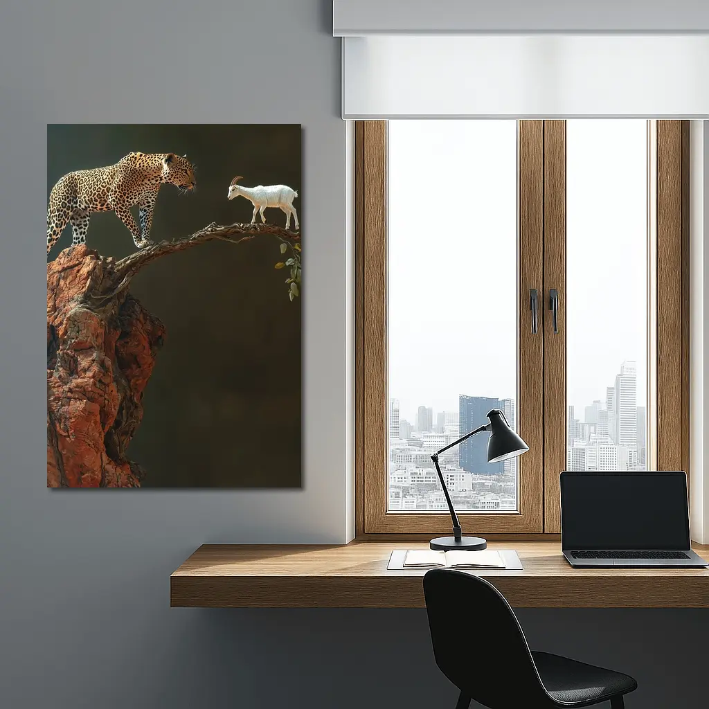 Leopard And Goat Facing On Rocky Branch – Wall Art