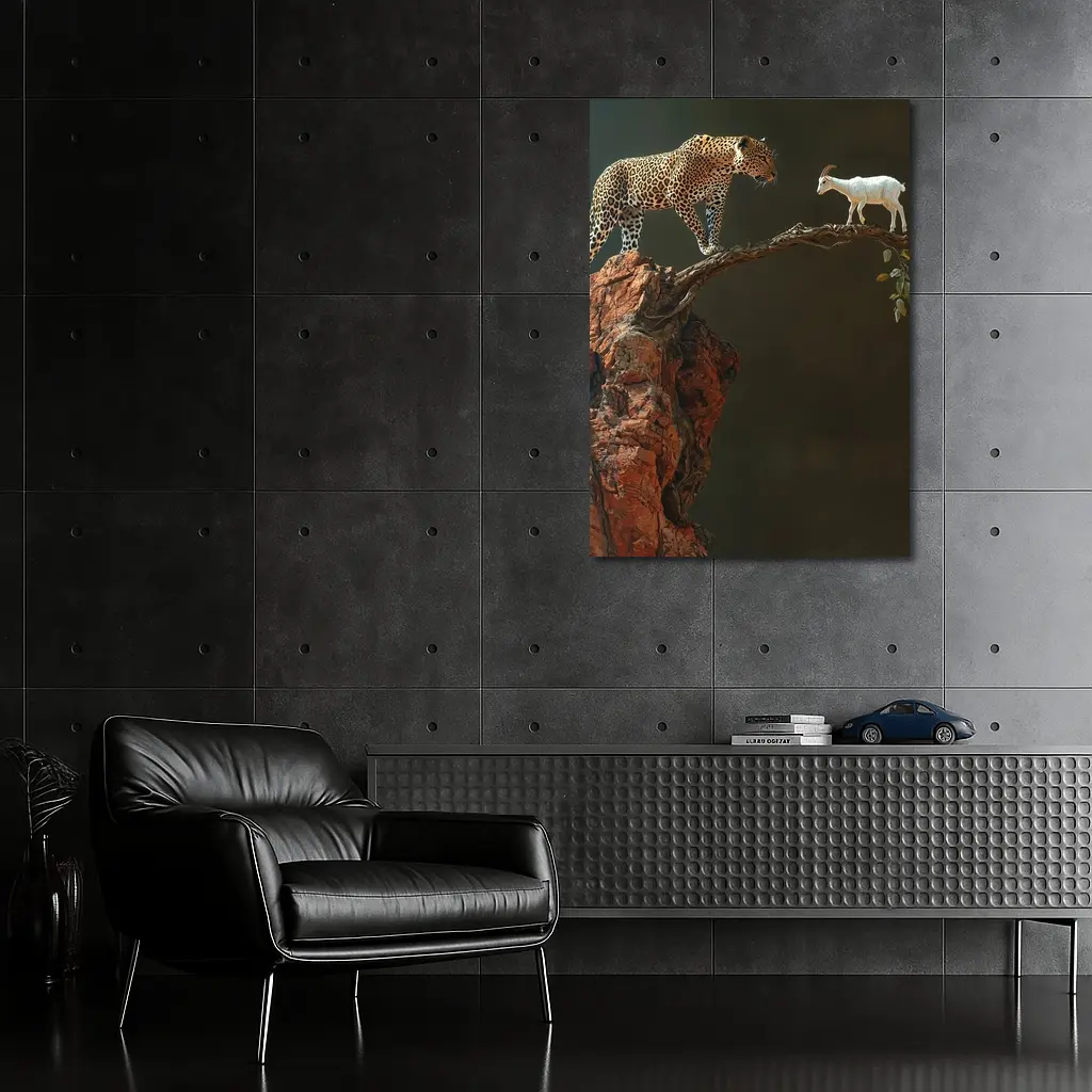 Leopard And Goat Facing On Rocky Branch – Wall Art